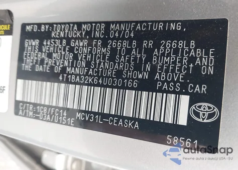 2004 Toyota Camry Se V6 from USA, damaged, VIN 4T1BA32K64U030166